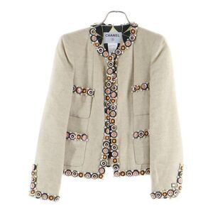 Chanel 01AW Coco Mark Wood Plate Pearl Sequins Embroidery Decoration Silk